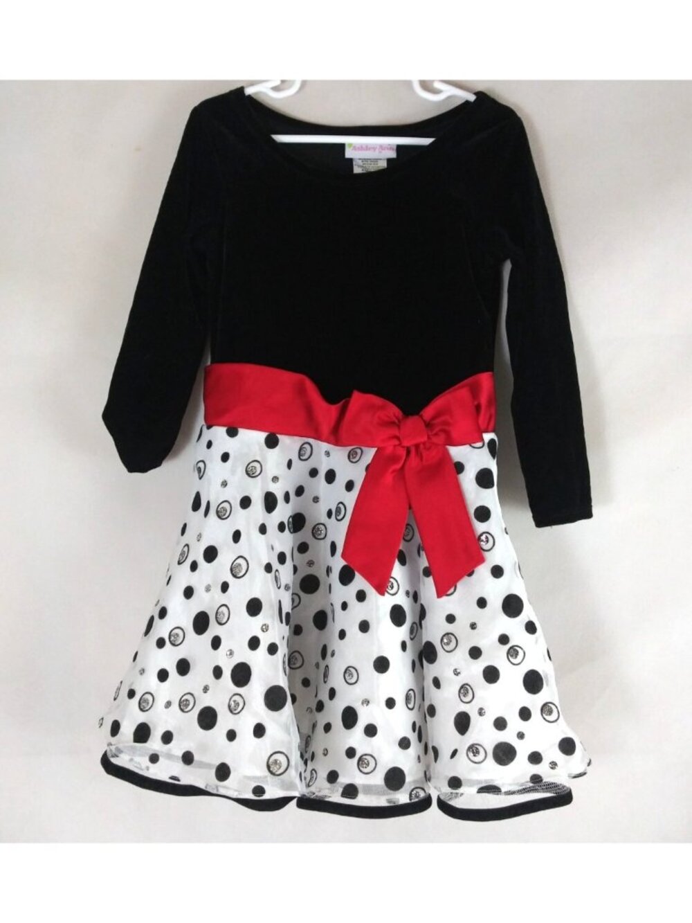 Ashley Ann Black Velvet Dress With Glitter Lace Polka Dot Skirt & Red Bow Size 5
